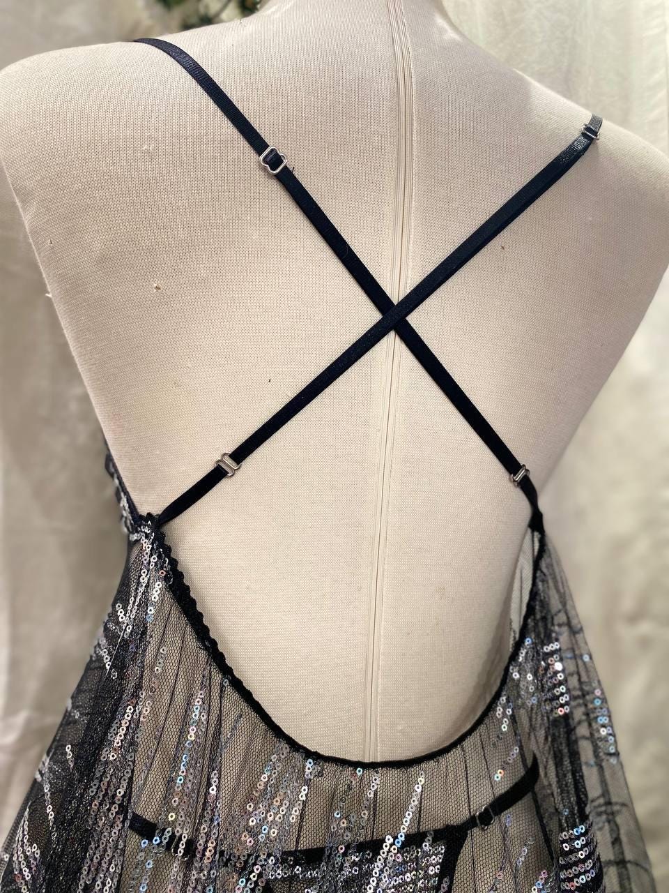 Black Sheer Sequin Babydoll Lingerie Set – Adjustable Thong – Silver Sequin Mesh Nightdress