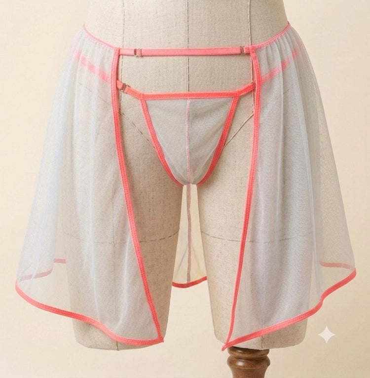 Baby Blue Sheer Skirted Thong | Adjustable Neon Pink Mesh Lingerie | Gender Inclusive Handmade Lingerie | Beyond Labels
