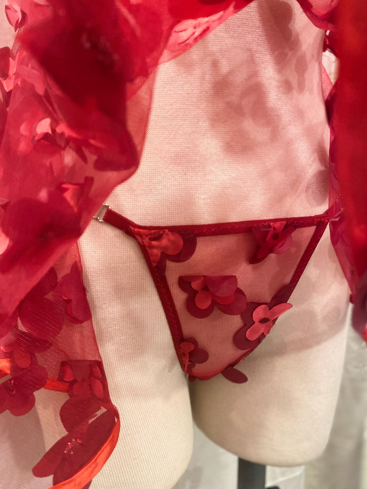 Handmade in İstanbul Red Sheer Babydoll Lingerie – Floral Applique Mesh Nightdress