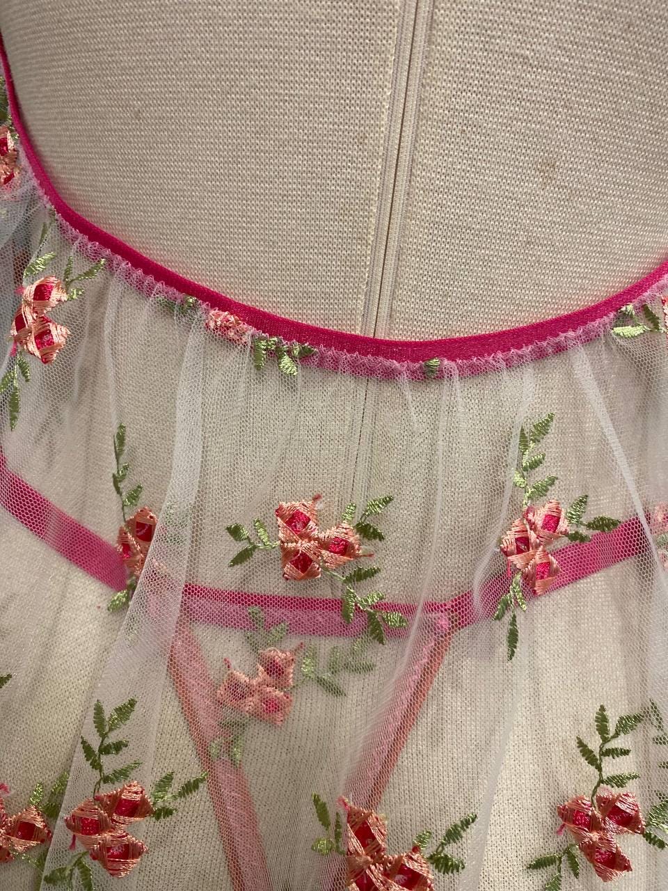 Embroidered Floral Lingerie Set, Sheer Babydoll Skirt, Pink Lace Bridal Nightgown