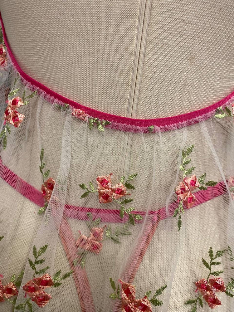 Embroidered Floral Lingerie Set, Sheer Babydoll Skirt, Pink Lace Bridal Nightgown