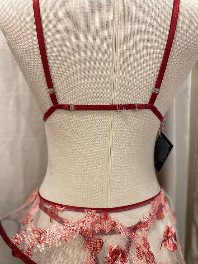 Red Sheer Lingerie Set, Embroidered Mesh Bralette, Bridal Lingerie Set