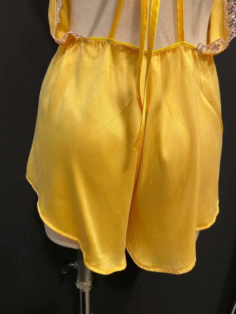 Yellow Cupro Satin Romper with Floral Lace | Handmade Luxury Sleepwear