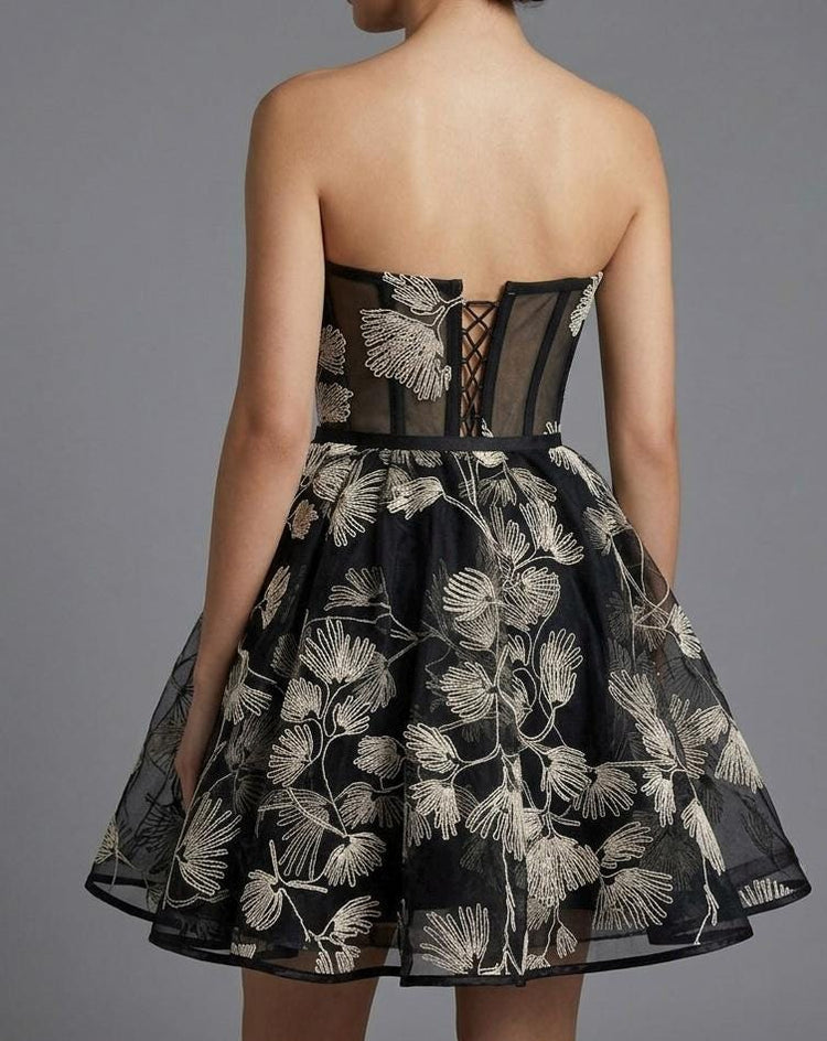 Embroidered Corset Dress Set, Botanical Line Art Evening Mini, Versatile Two-Piece Prom