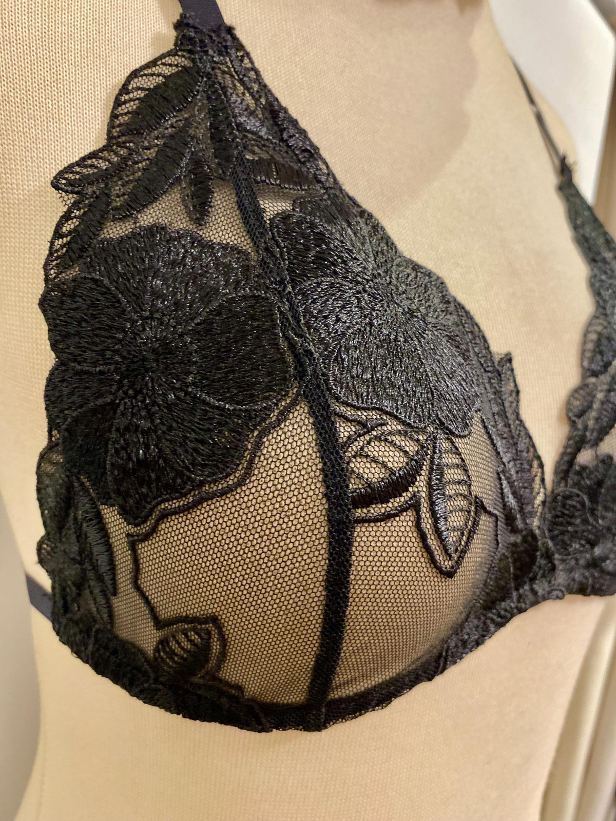 Handmade in Istanbul - Sheer Mesh Bra & Thong - Handmade Black Rose Embroidered Lingerie Set