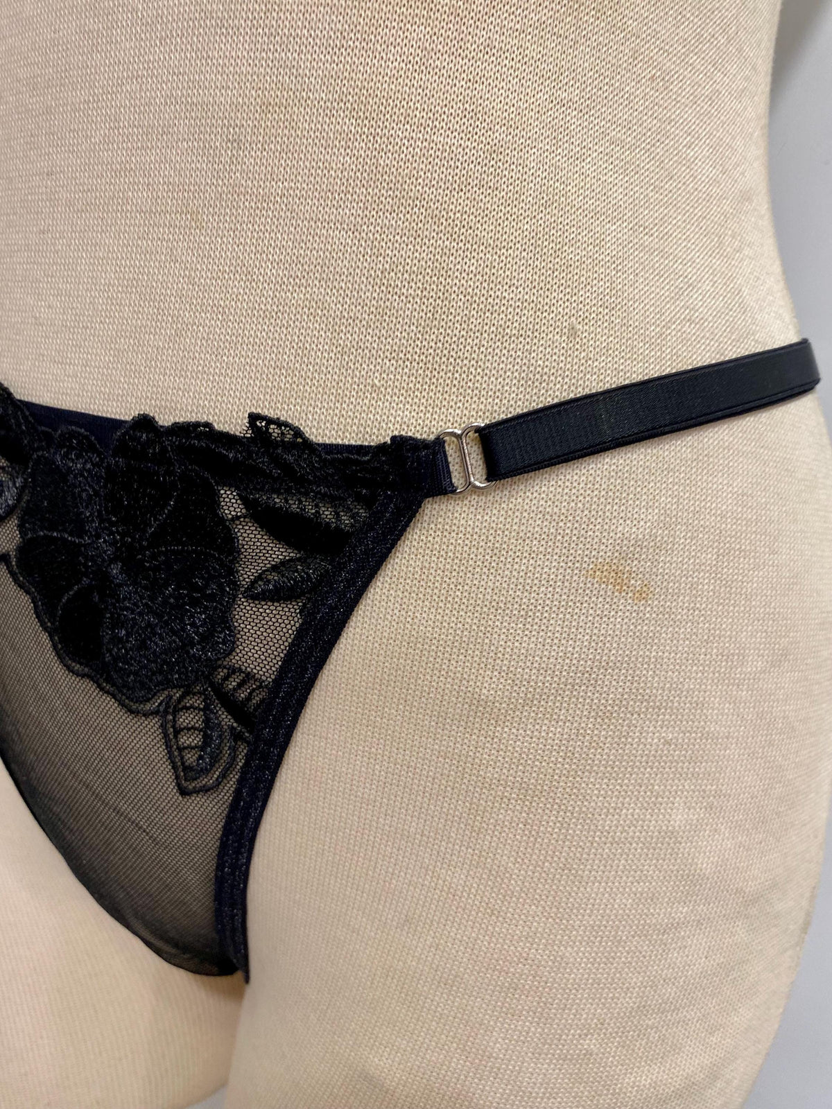 Handmade in Istanbul - Sheer Mesh Bra & Thong - Handmade Black Rose Embroidered Lingerie Set