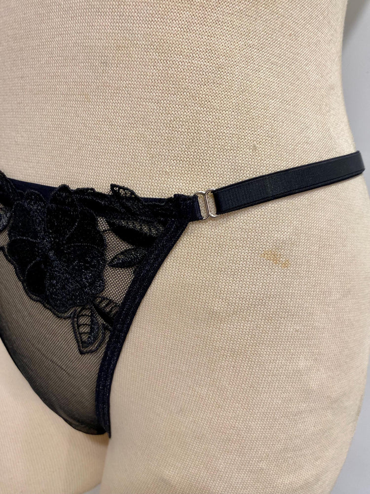 Handmade in Istanbul - Sheer Mesh Bra & Thong - Handmade Black Rose Embroidered Lingerie Set