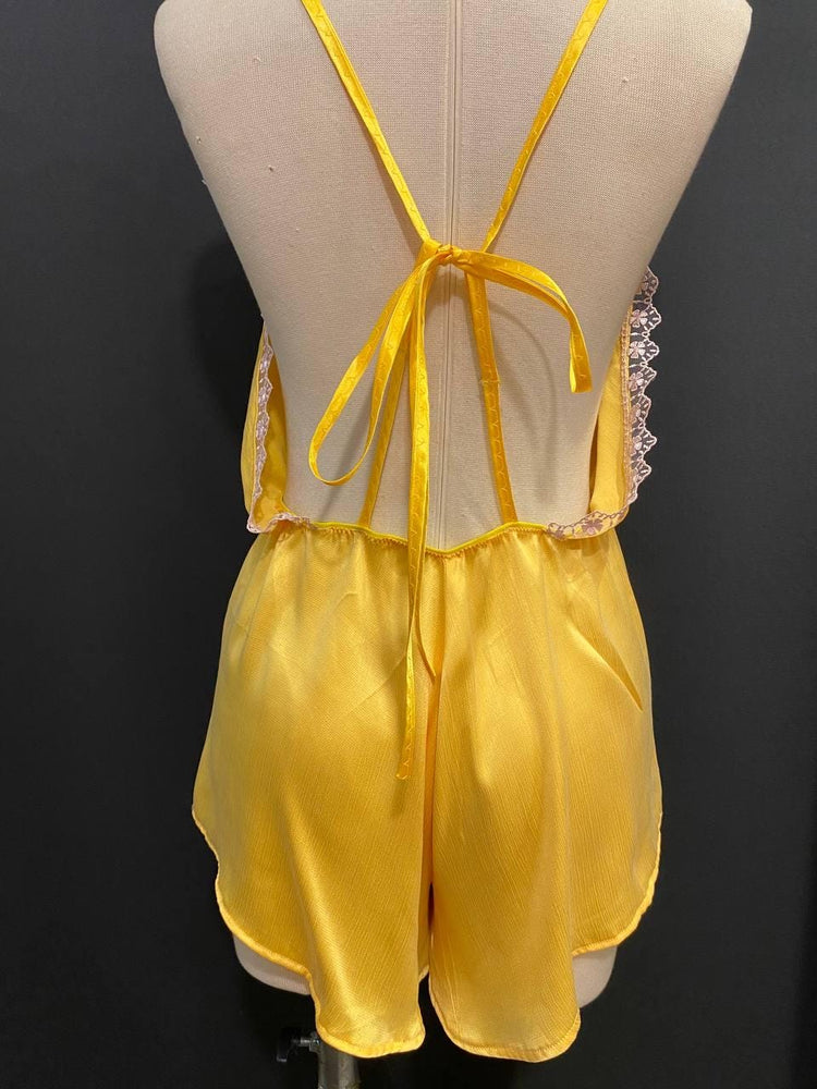 Yellow Cupro Satin Romper with Floral Lace | Handmade Luxury Sleepwear