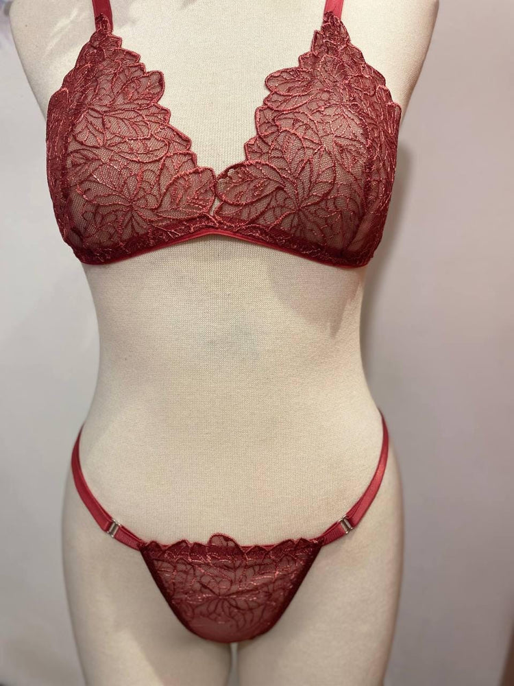 Handmade in Istanbul - Burgundy Embroidered Lace Lingerie Set – Sheer Bralette & Adjustable Thong