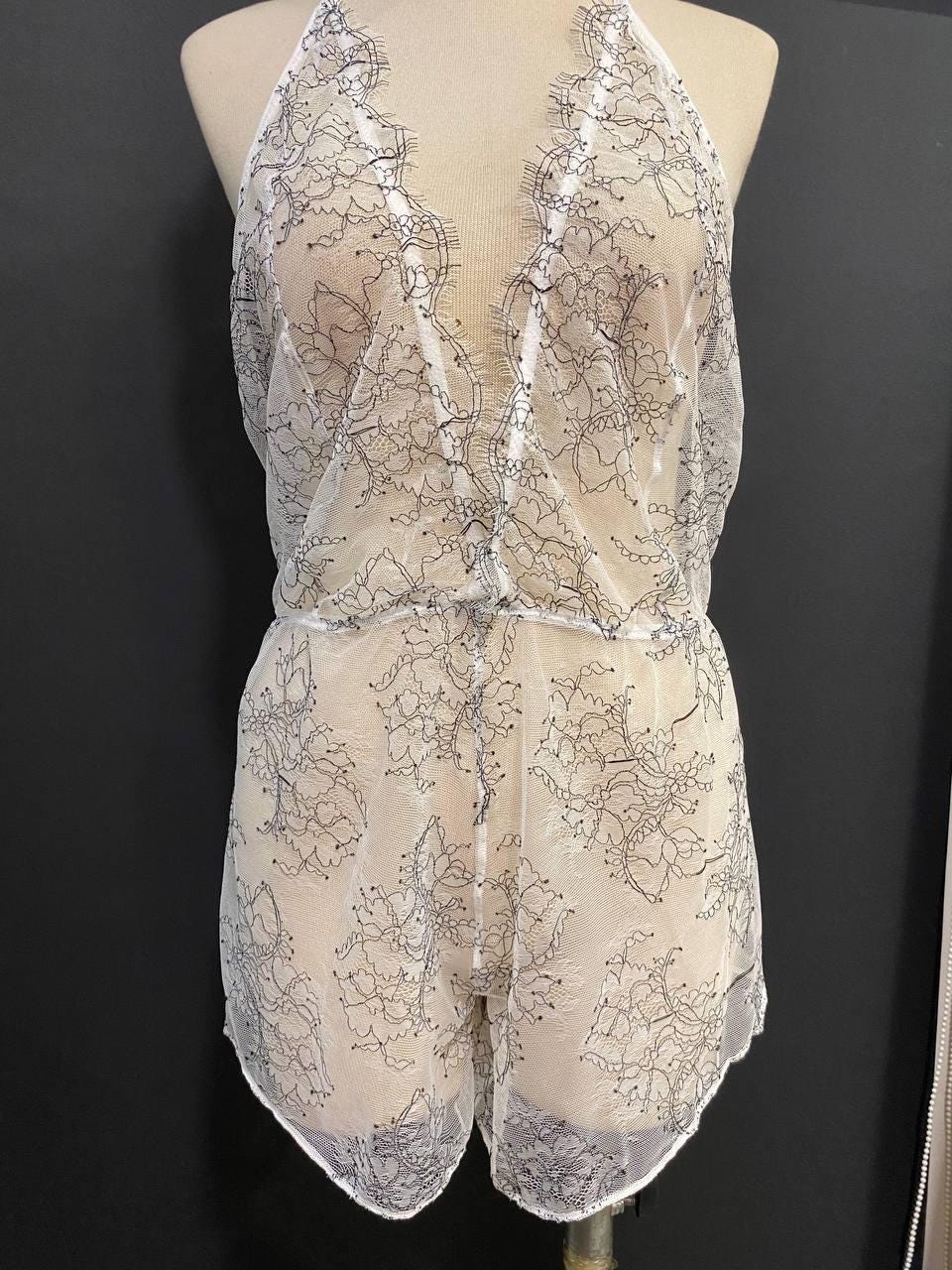 French Eyelash Lace Romper, Bridal Teddy,  Handmade Honeymoon White Lingerie