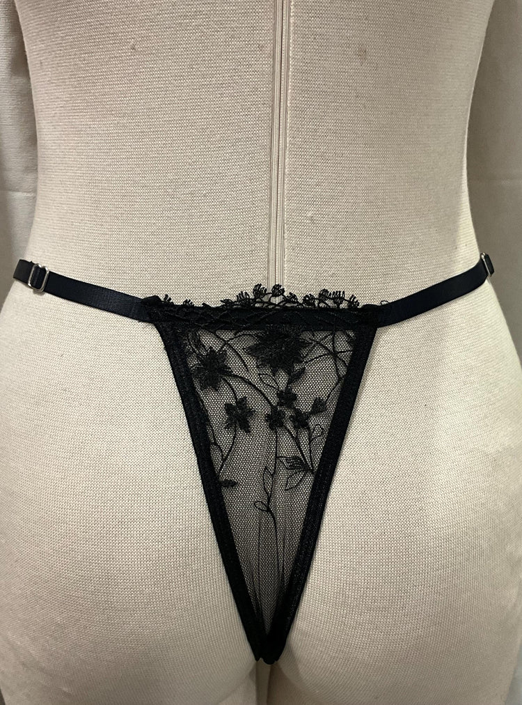Handmade in İstanbul Black Sheer Embroidered Thong
