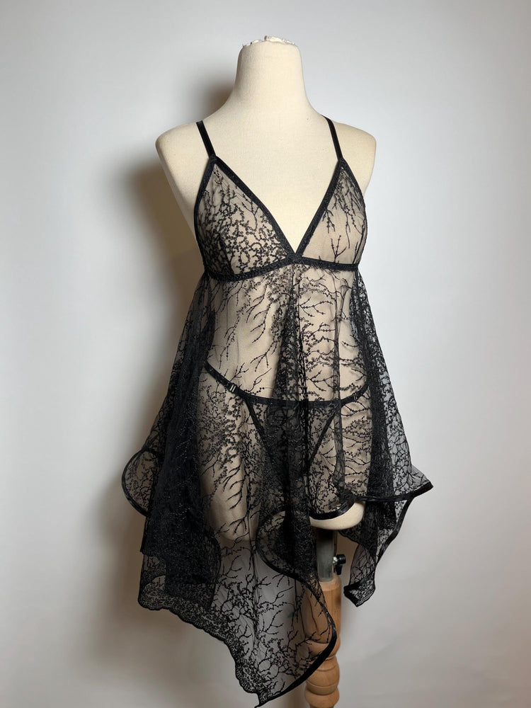 Handmade in İstanbul Midnight Lace Babydoll – Sheer Black Lingerie Set with Thong