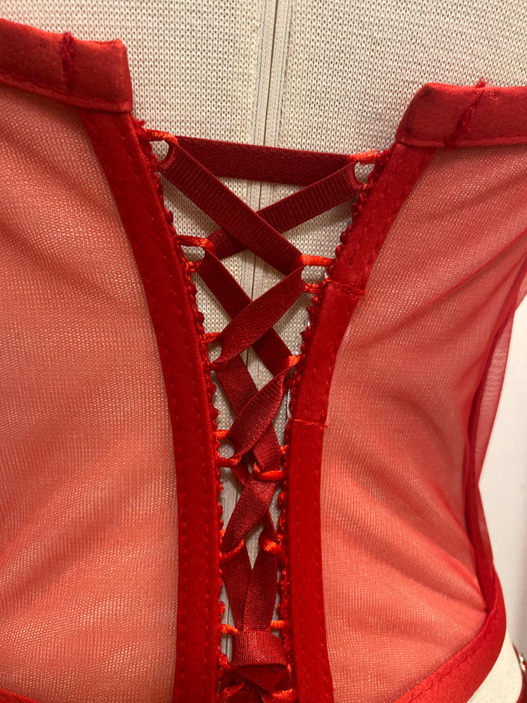 Red 3D Floral Corset Lingerie Set • Mesh Bustier with Appliqué Flowers • Christmas Gift for Her • Sexy Holiday Outfit