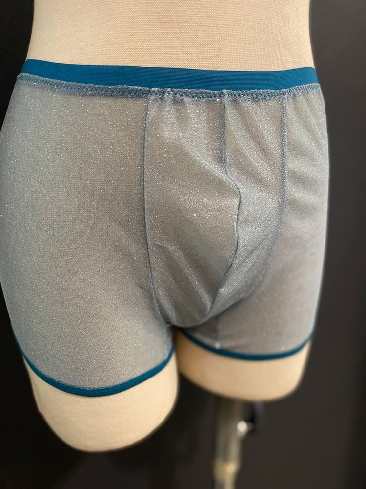 Silver Glitter Men’s Boxer Brief | Luxury Sheer Mesh Underwear | Handmade Designer Lingerie | Transparent Lurex Boxer