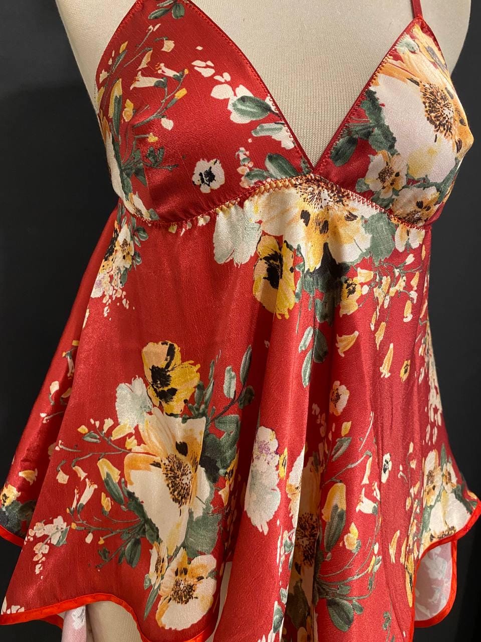 Handmade in İstanbul Organic Cupro Floral Babydoll Dress, Red Vegan Silk Slip Lingerie