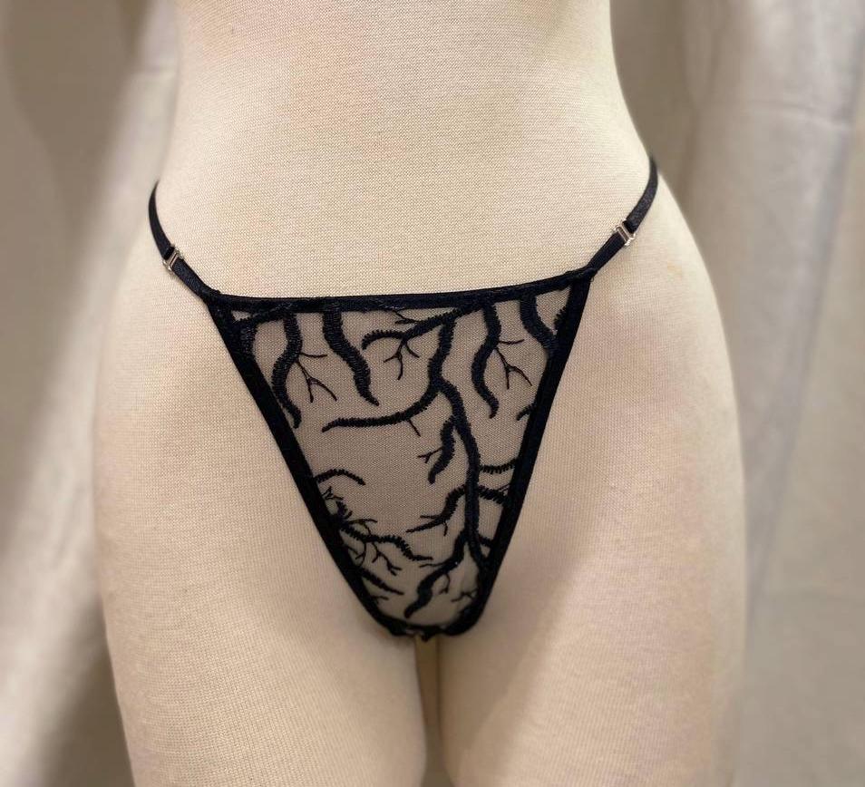 Handmade in İstanbul Black Sheer Mesh Thong with Organic Branch Embroidery
