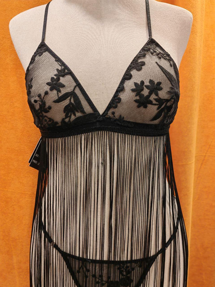 Handmade Black Lace Fringe Lingerie Set – Embroidered Floral 1920’s dress