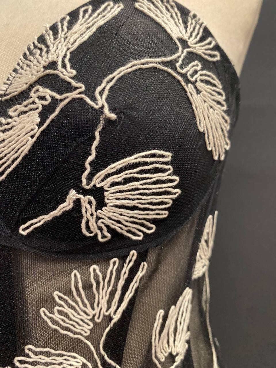 Embroidered Black Mesh Corset Top, Floral Line Art Bustier, Sheer Victorian Boned Bodice, Gothic Chic Strapless Top
