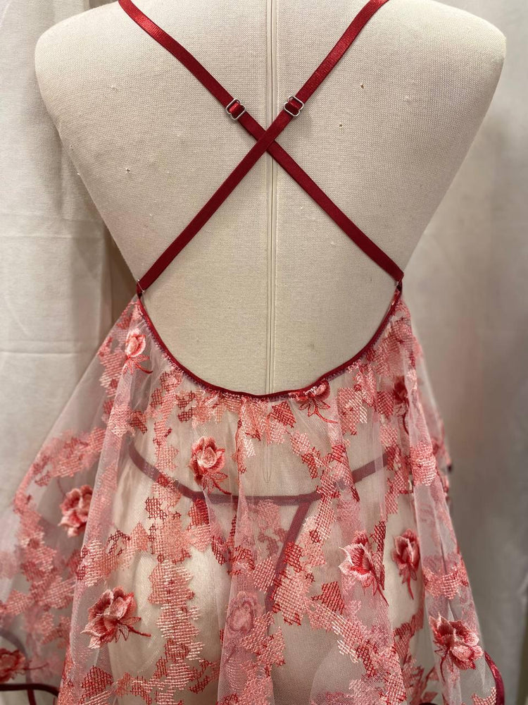 Handmade in İstanbul Red Floral Lingerie Set, Sheer Mesh Babydoll, Embroidered Bridal Lingerie, Adjustable Thong, Honeymoon Nightdress Gift