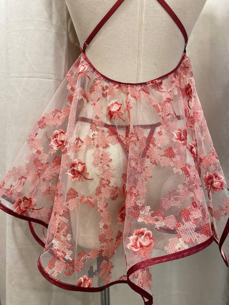Handmade in İstanbul Red Floral Lingerie Set, Sheer Mesh Babydoll, Embroidered Bridal Lingerie, Adjustable Thong, Honeymoon Nightdress Gift