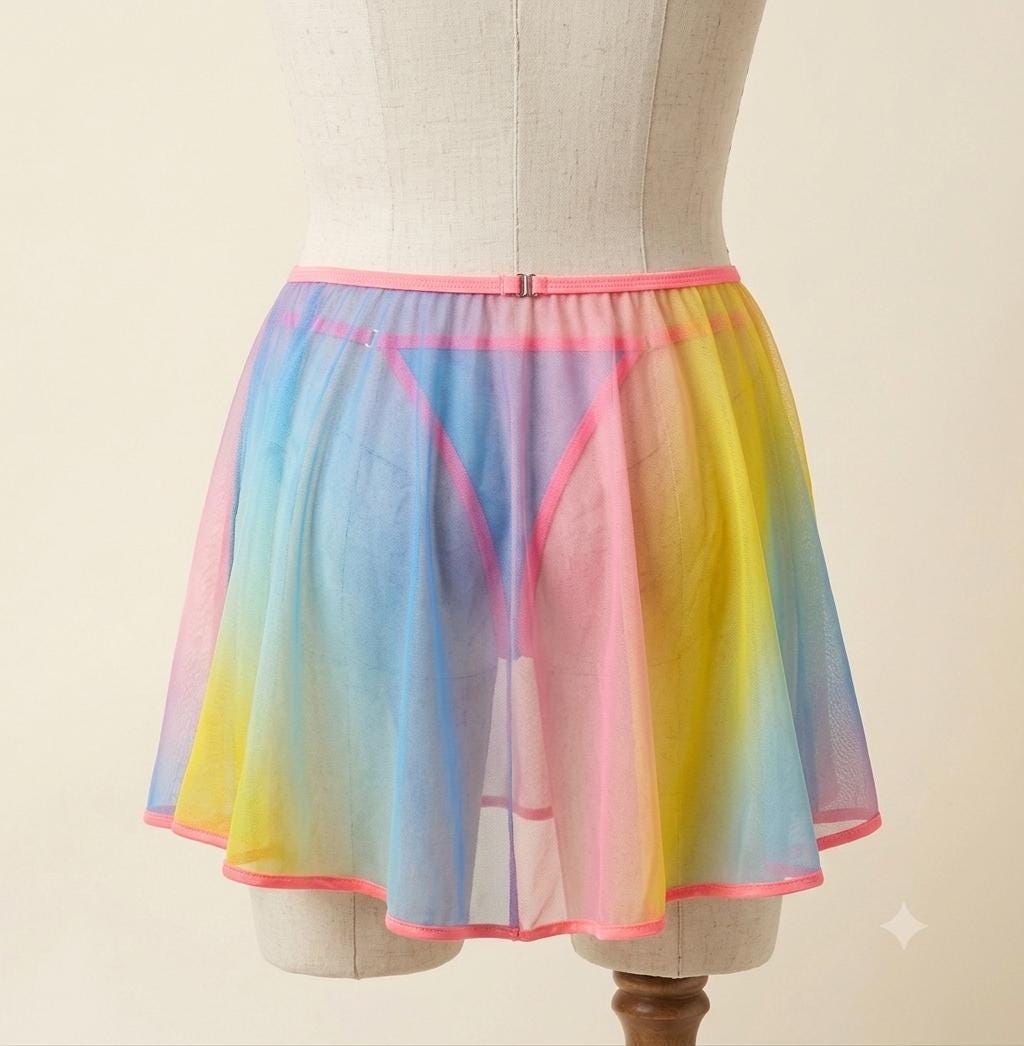 Rainbow Sheer Skirted Thong | Adjustable Gender Inclusive Lingerie | Handmade Pride Lingerie | Festival Mesh Underwear | Beyond Labels