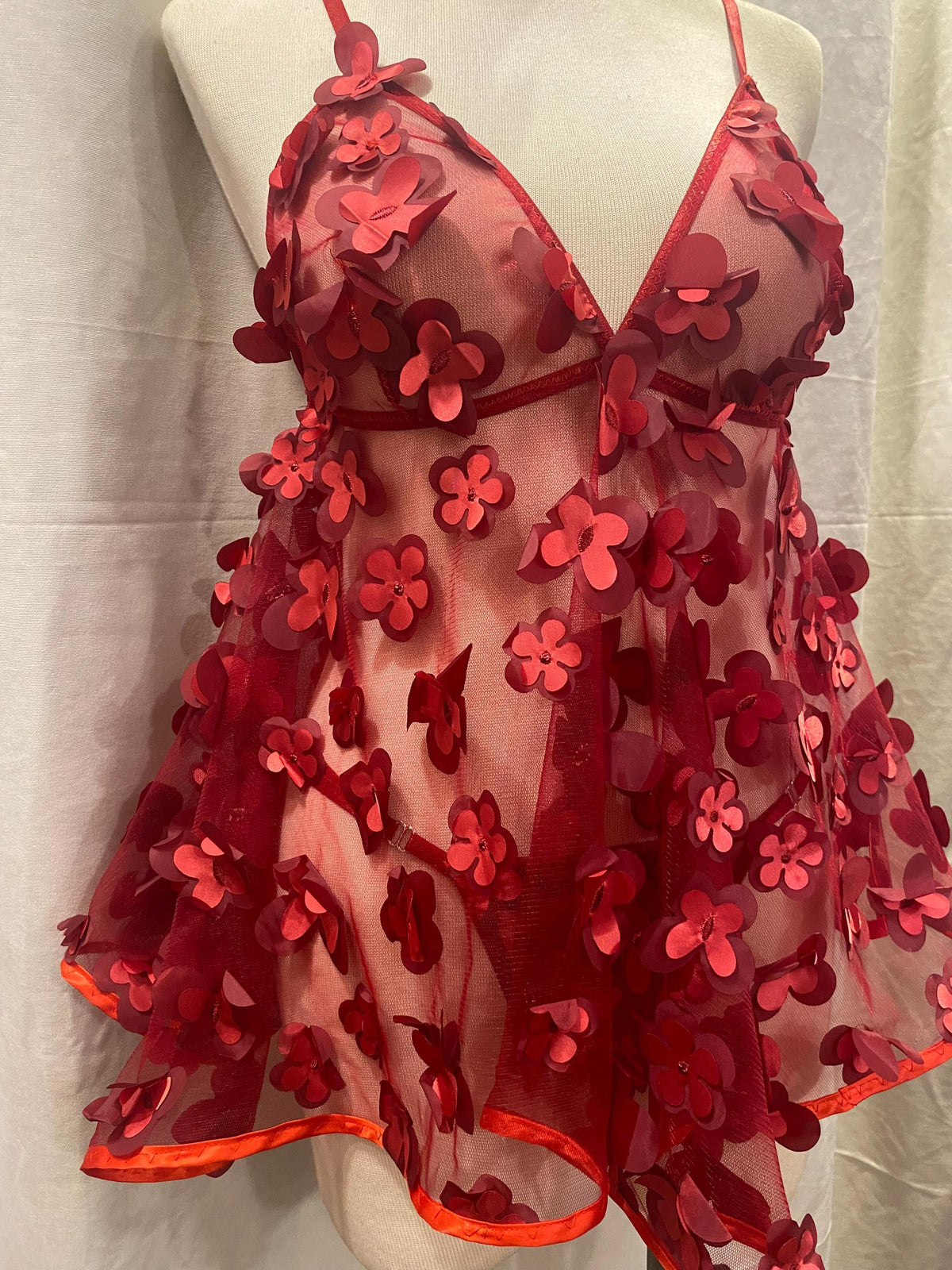 Handmade in İstanbul Red Sheer Babydoll Lingerie – Floral Applique Mesh Nightdress