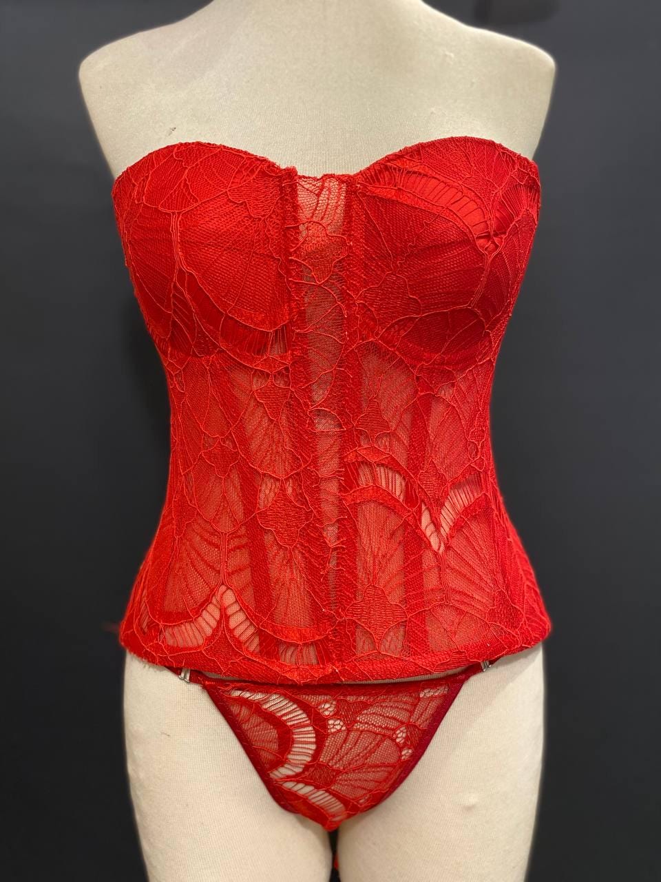 Red Lace Corset and Thong Set, Gothic Victorian Bustier,Bridal Lingerie