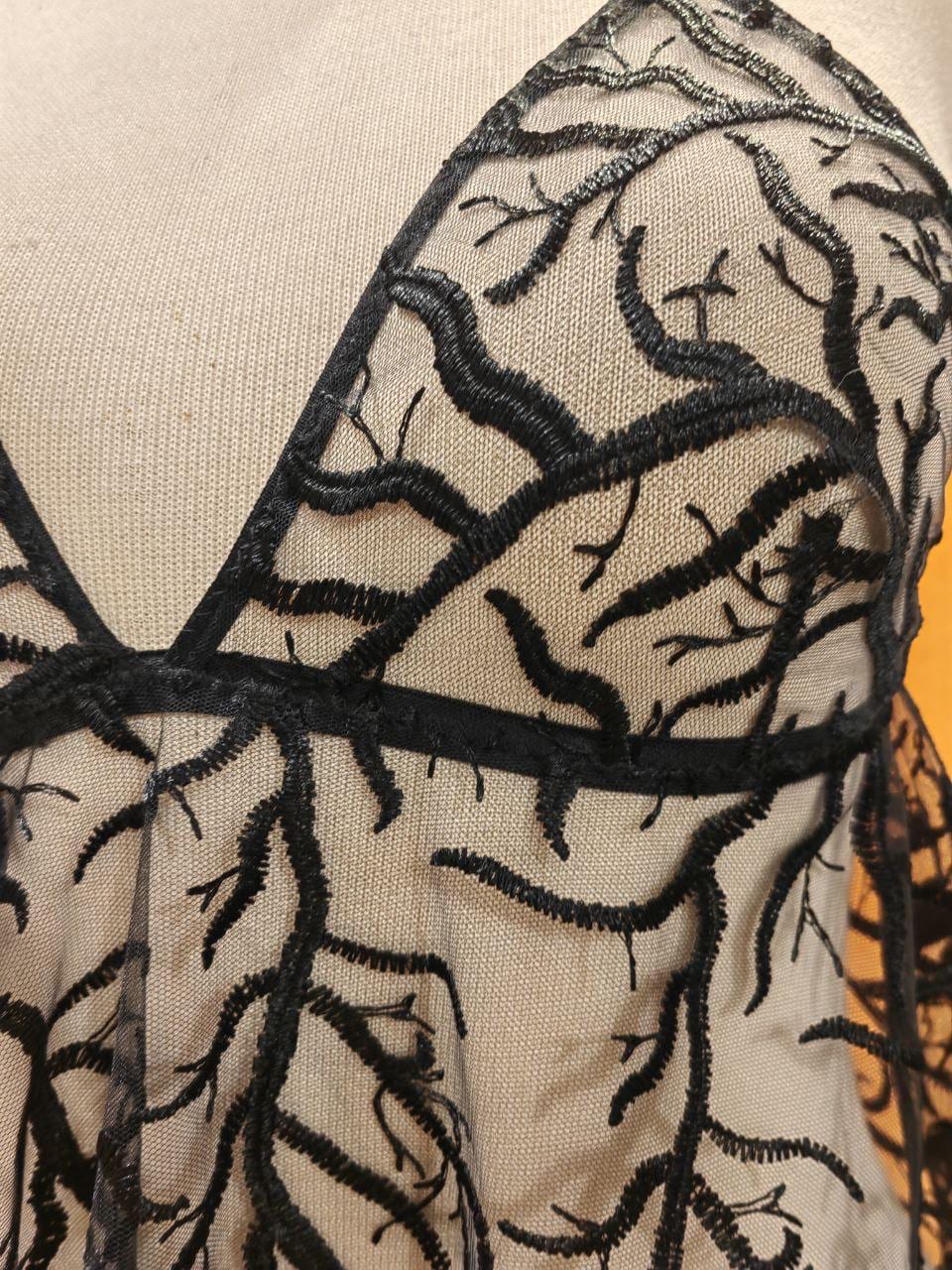 Dark Forest Sheer Babydoll – Black Embroidered Lingerie with Flowing Mesh and Adjustable Straps