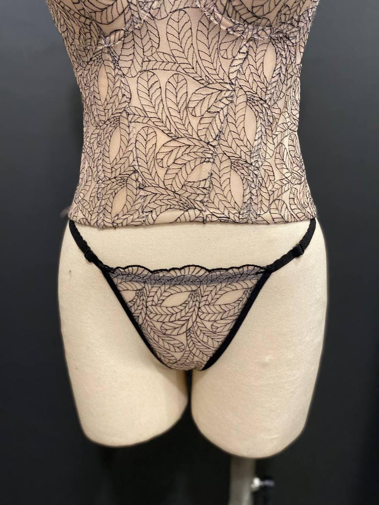 Embroidered Leaf Corset Top with Matching Panty | Nude Mesh Bustier Set | Black Botanical Lace Bodice | Fairycore Gothic Lingerie