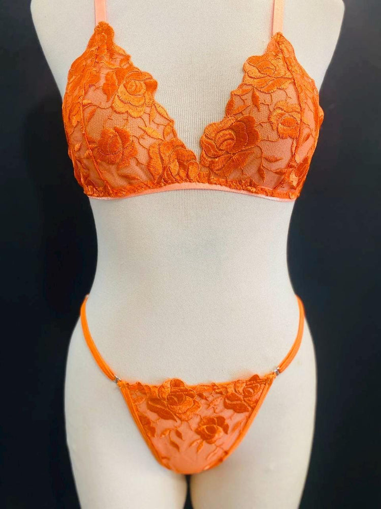 Orange Lace Bralette Set, Handmade Sheer Lingerie, Floral Lace Thong Set, Sexy Lingerie, Festival Underwear, Gift for Her