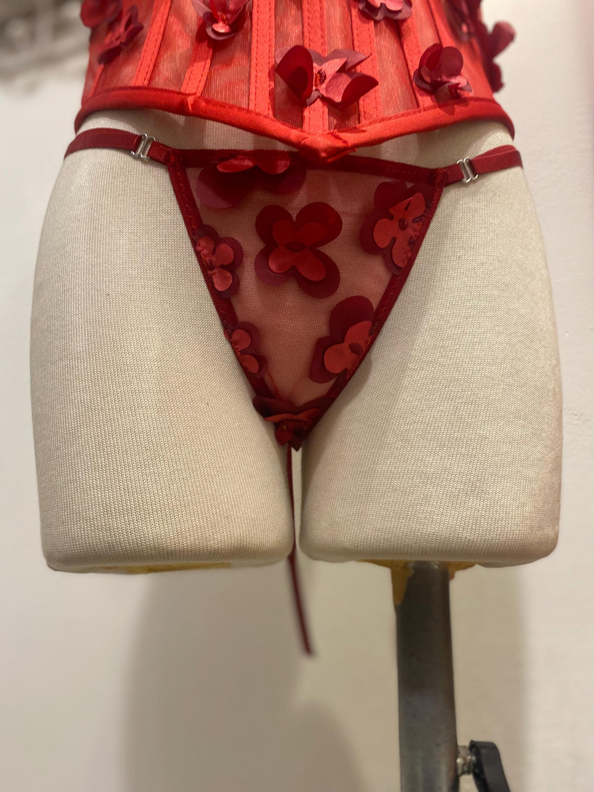Red 3D Floral Corset Lingerie Set • Mesh Bustier with Appliqué Flowers • Christmas Gift for Her • Sexy Holiday Outfit