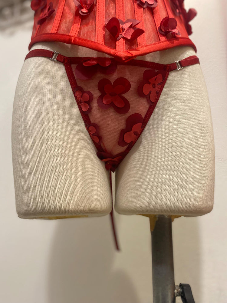 Red 3D Floral Corset Lingerie Set • Mesh Bustier with Appliqué Flowers • Christmas Gift for Her • Sexy Holiday Outfit