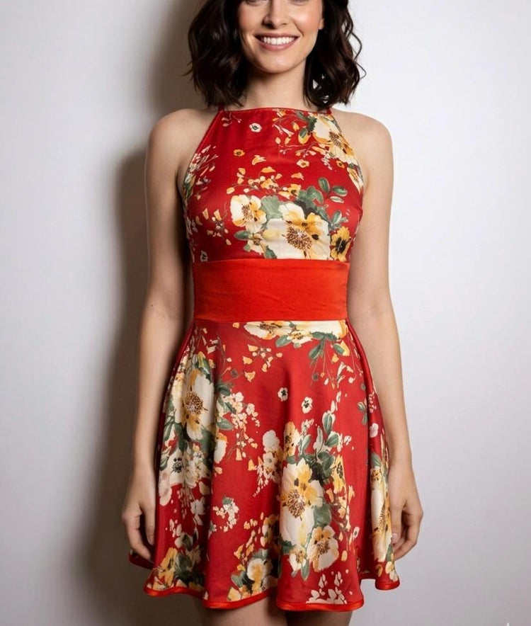 Red Floral Cupro Halter Mini Dress, Open Back, Adjustable Straps