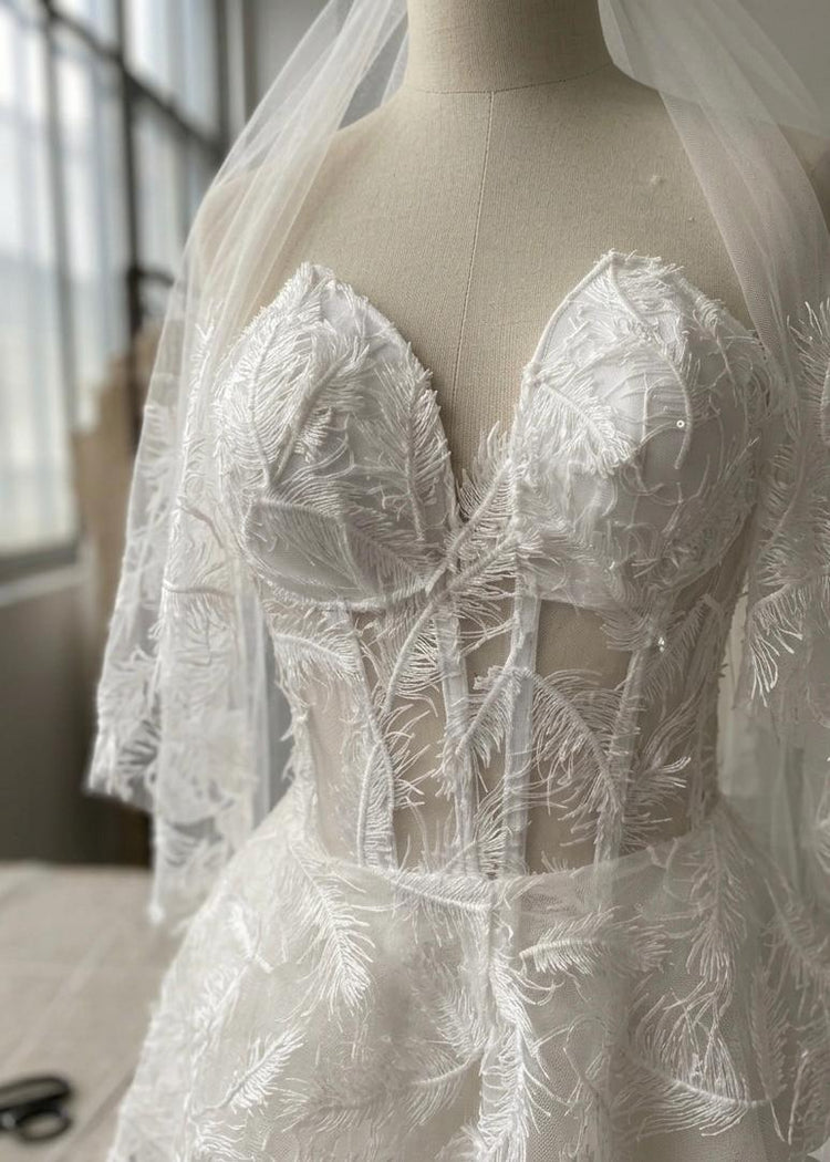 Feather Embroidered Corset Mini Wedding Dress, Strapless Bridal Gown, Elopement Reception Dress