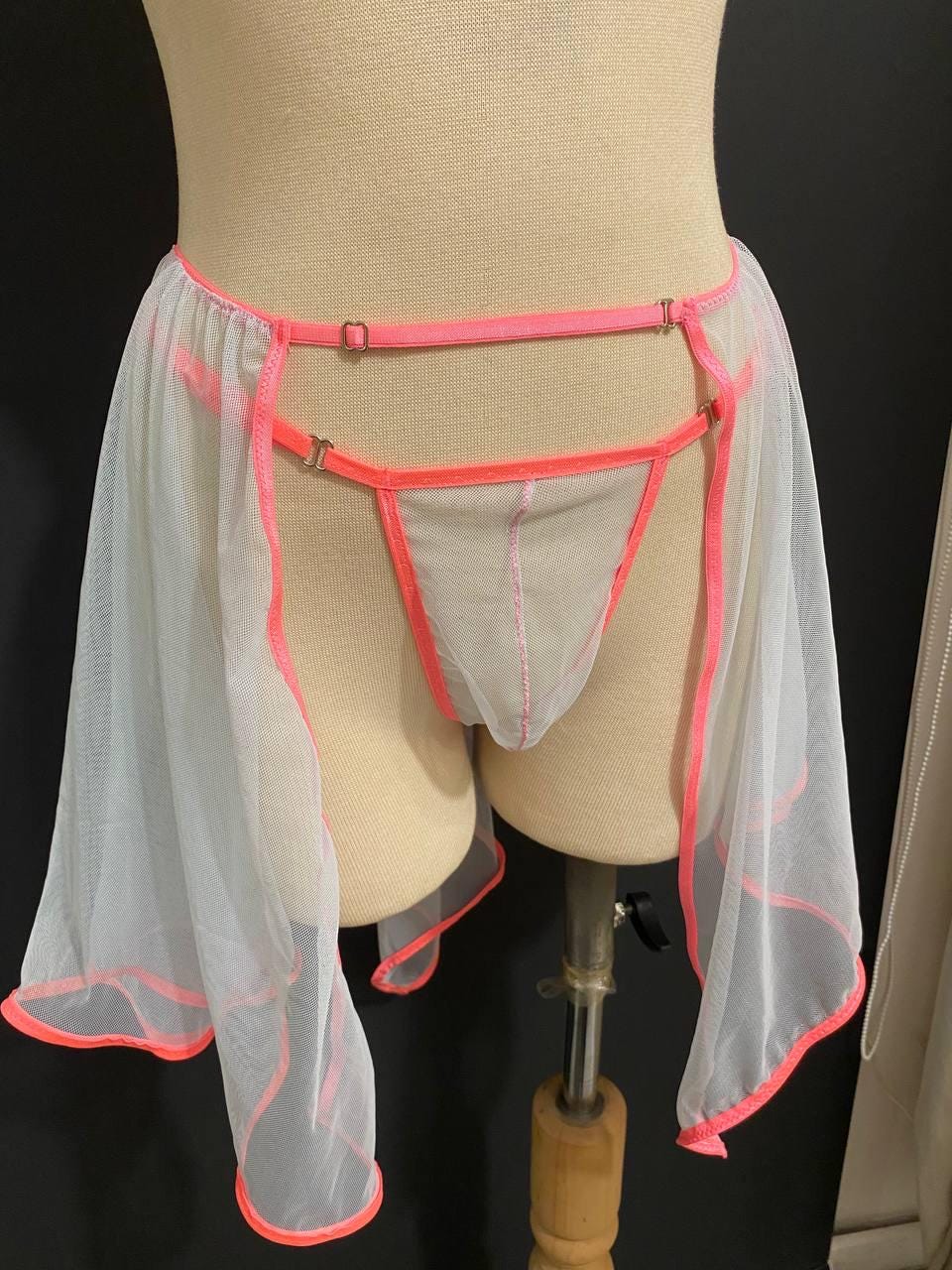 Baby Blue Sheer Skirted Thong | Adjustable Neon Pink Mesh Lingerie | Gender Inclusive Handmade Lingerie | Beyond Labels