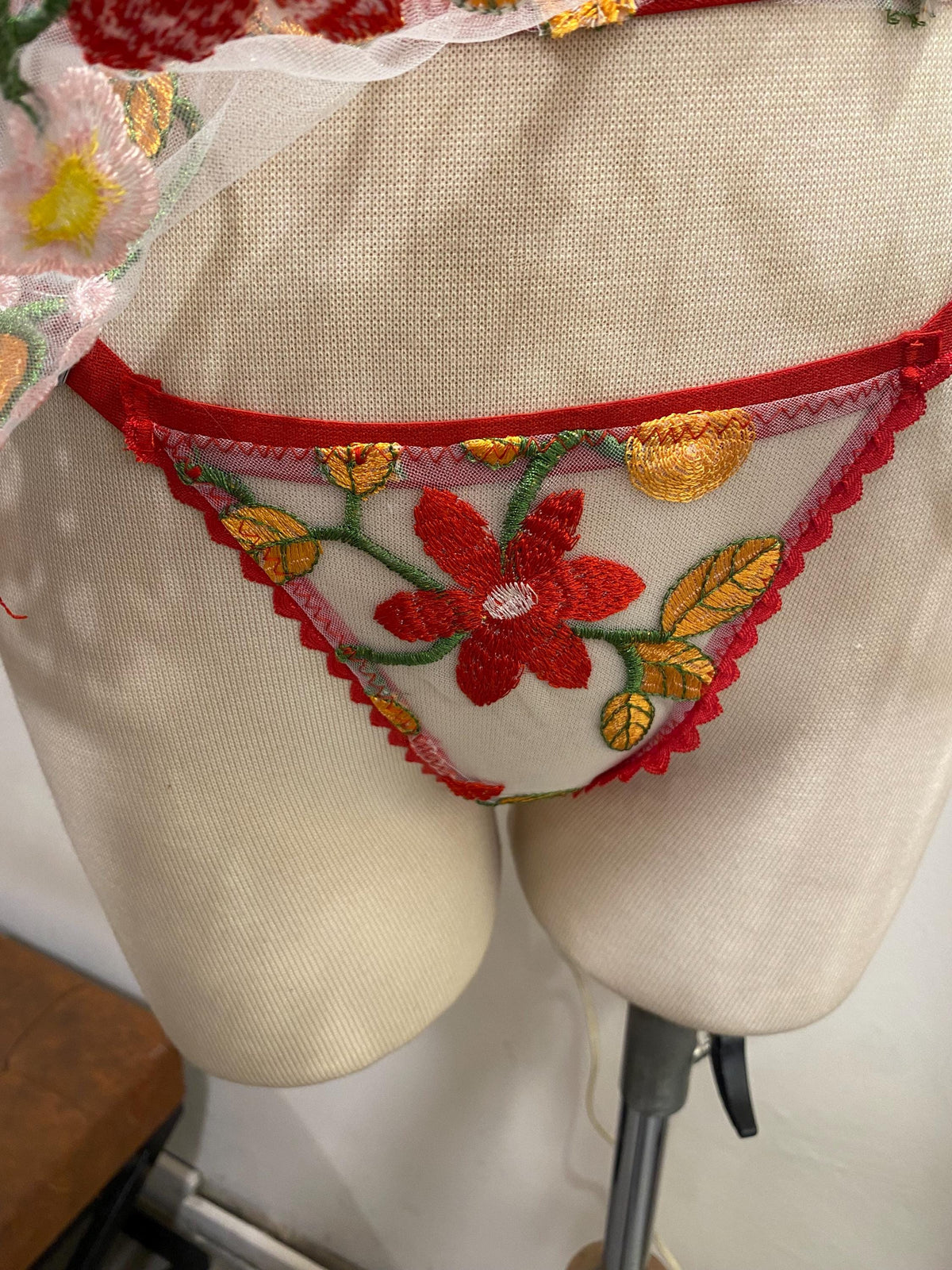 Colorful Floral Embroidered Lingerie Set with Sheer Skirt