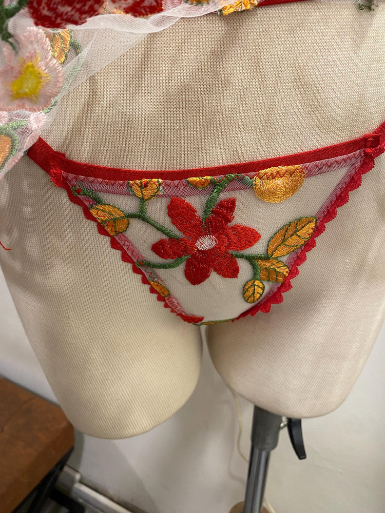 Colorful Floral Embroidered Lingerie Set with Sheer Skirt