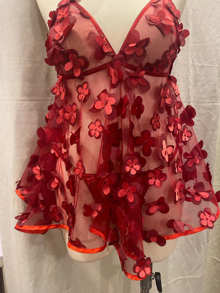 Handmade in İstanbul Red Sheer Babydoll Lingerie – Floral Applique Mesh Nightdress