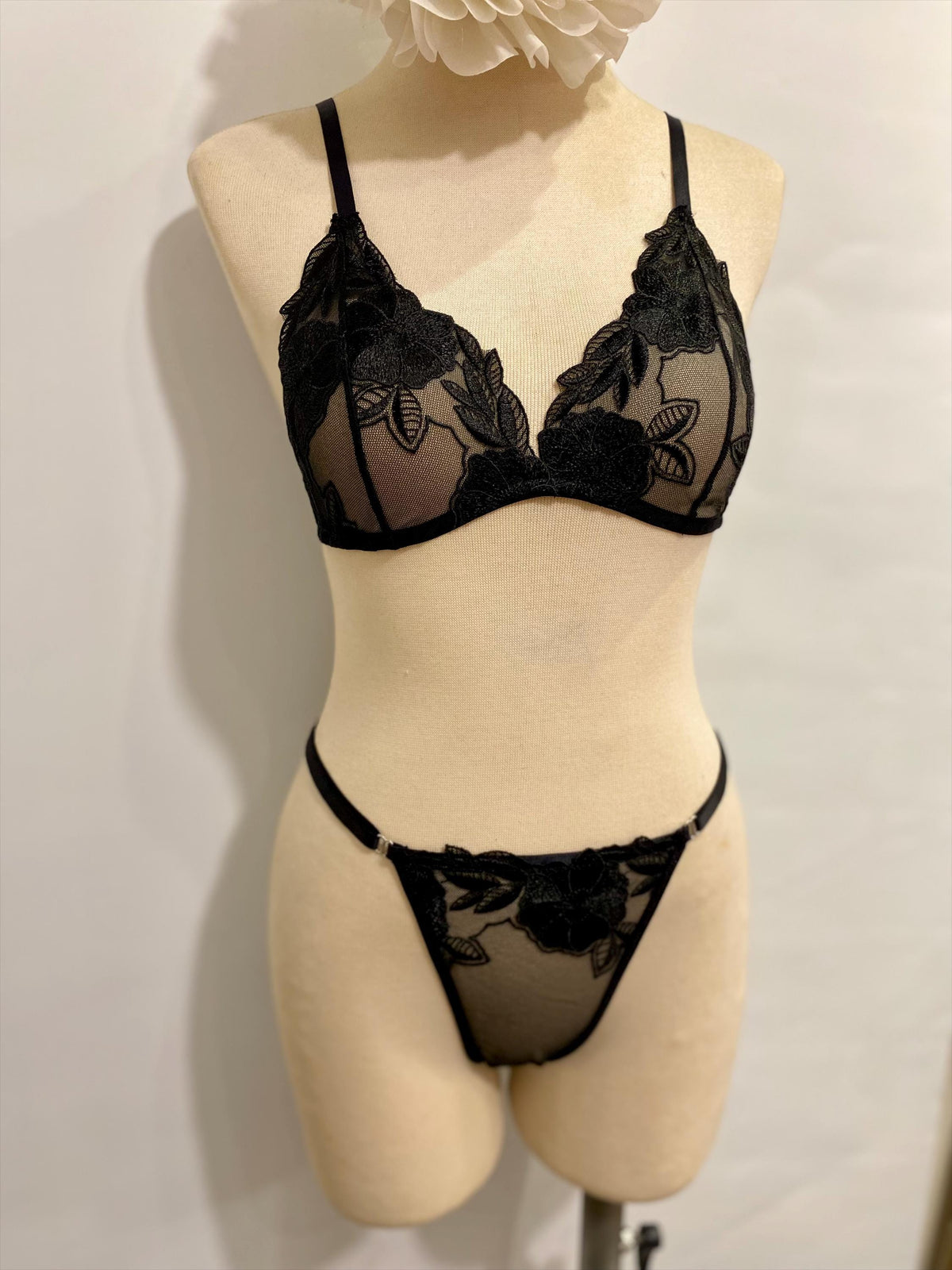 Handmade in Istanbul - Sheer Mesh Bra & Thong - Handmade Black Rose Embroidered Lingerie Set
