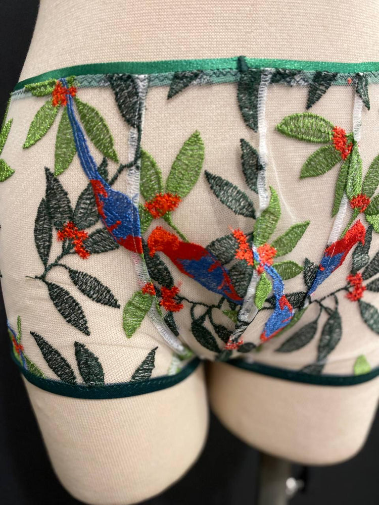 Embroidered Mesh Men’s Boxer Brief | Luxury Sheer Underwear with Bird Embroidery | Handmade Designer Lingerie | Unique Gift