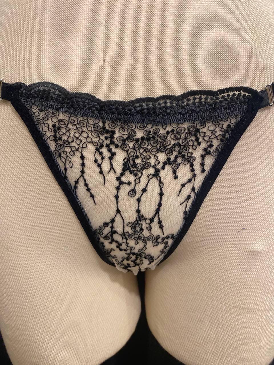 Handmade in Istanbul - Black Botanical Embroidery Lingerie Set, Sheer White Tattoo Lace Bralette Thong (Made to Order)