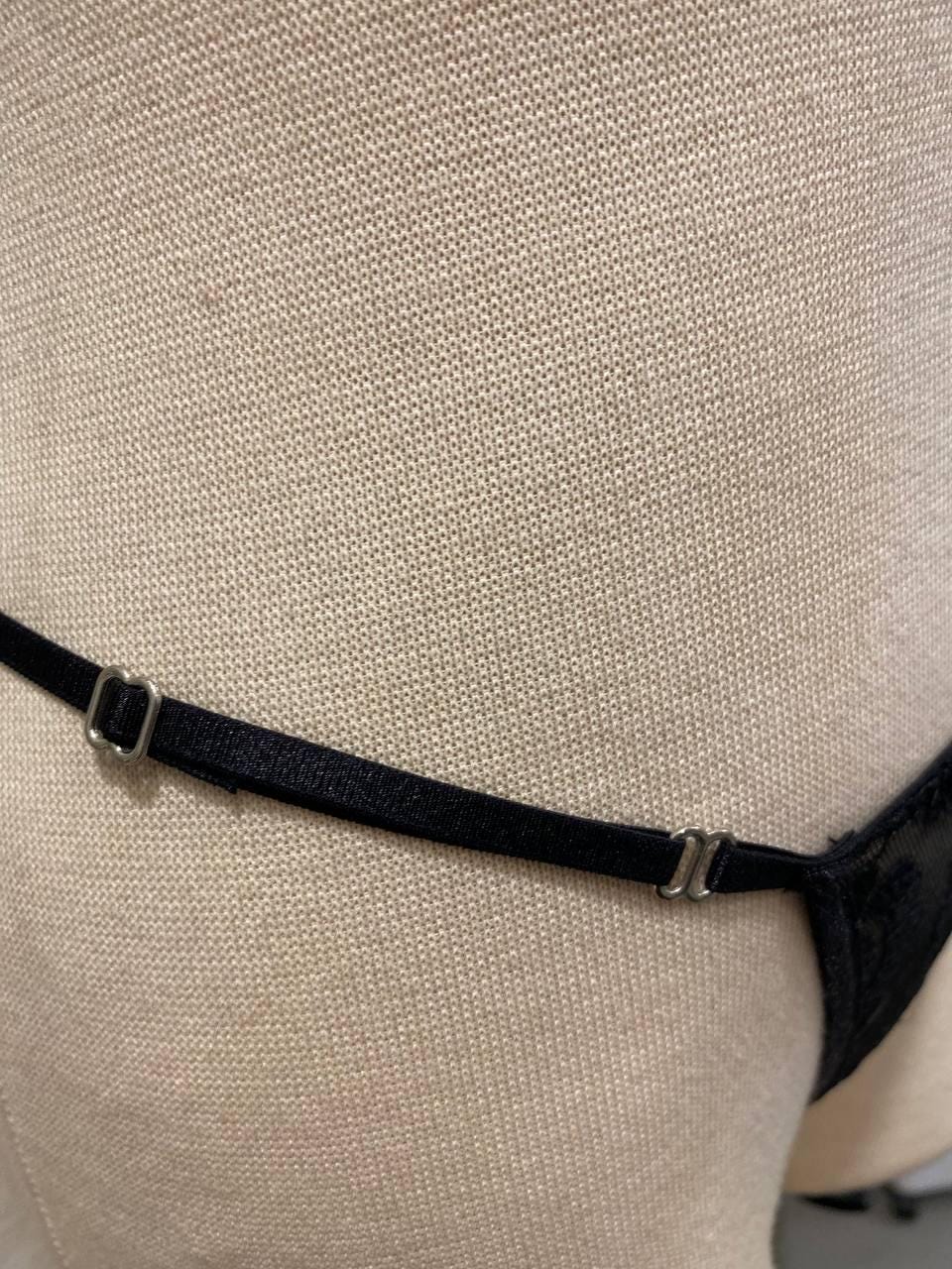 Handmade in İstanbul Black Sheer Floral Embroidered Thong