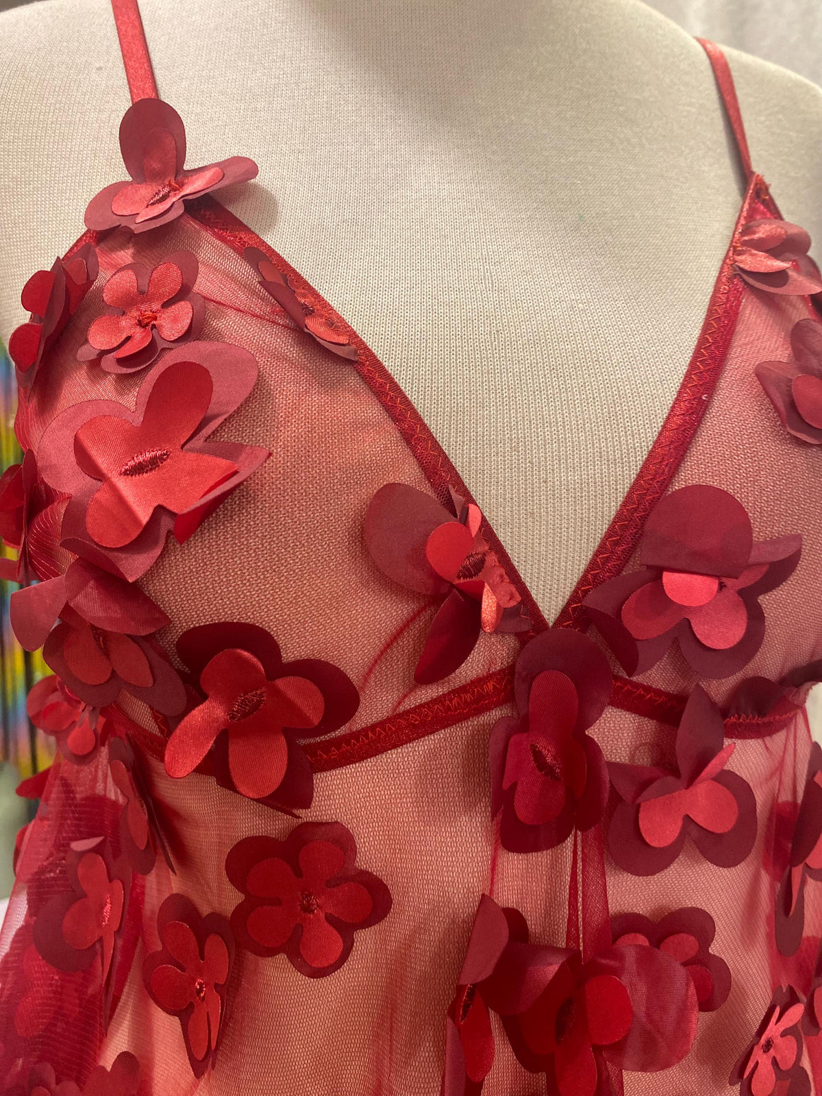 Handmade in İstanbul Red Sheer Babydoll Lingerie – Floral Applique Mesh Nightdress