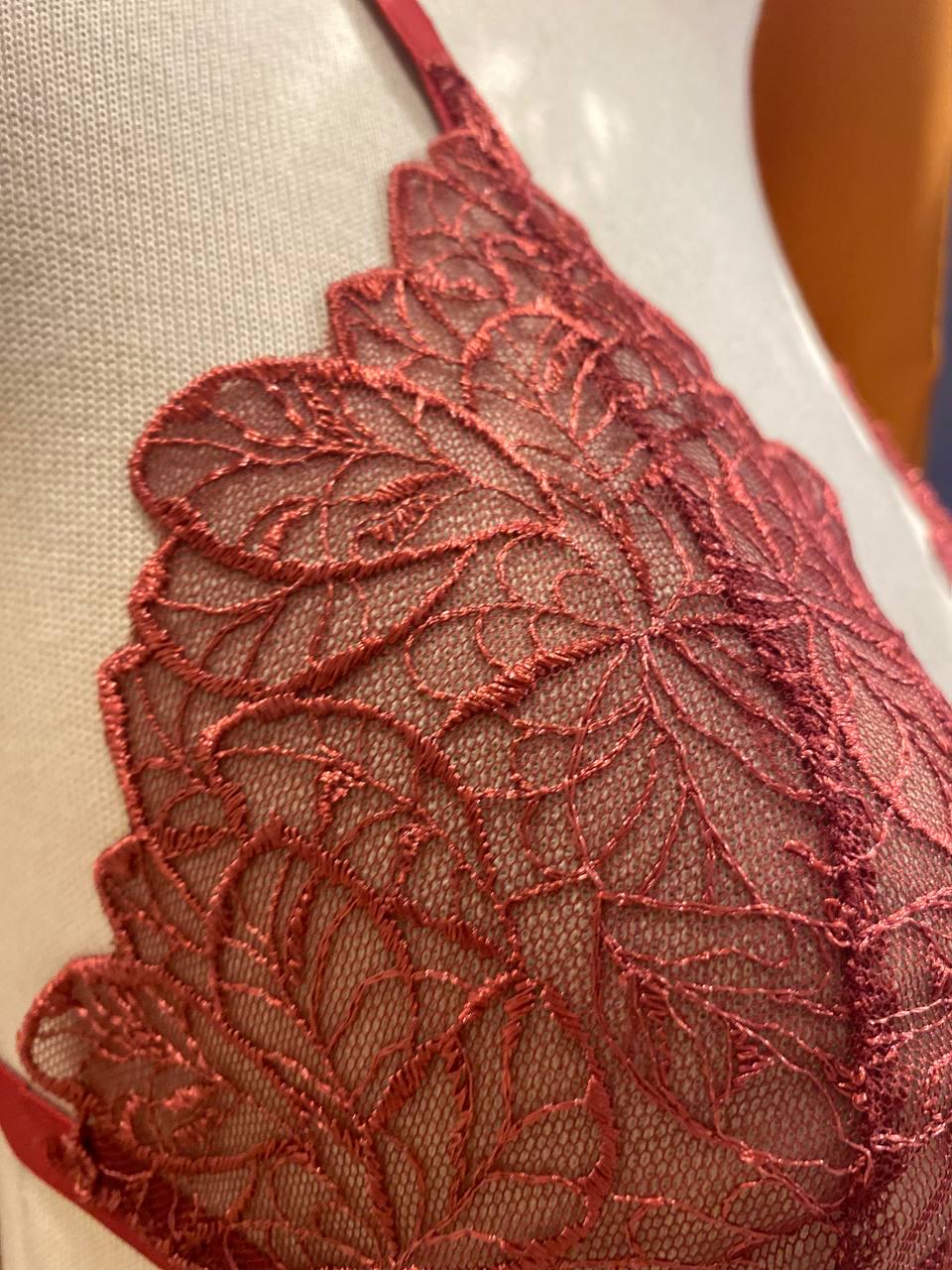 Handmade in Istanbul - Burgundy Embroidered Lace Lingerie Set – Sheer Bralette & Adjustable Thong