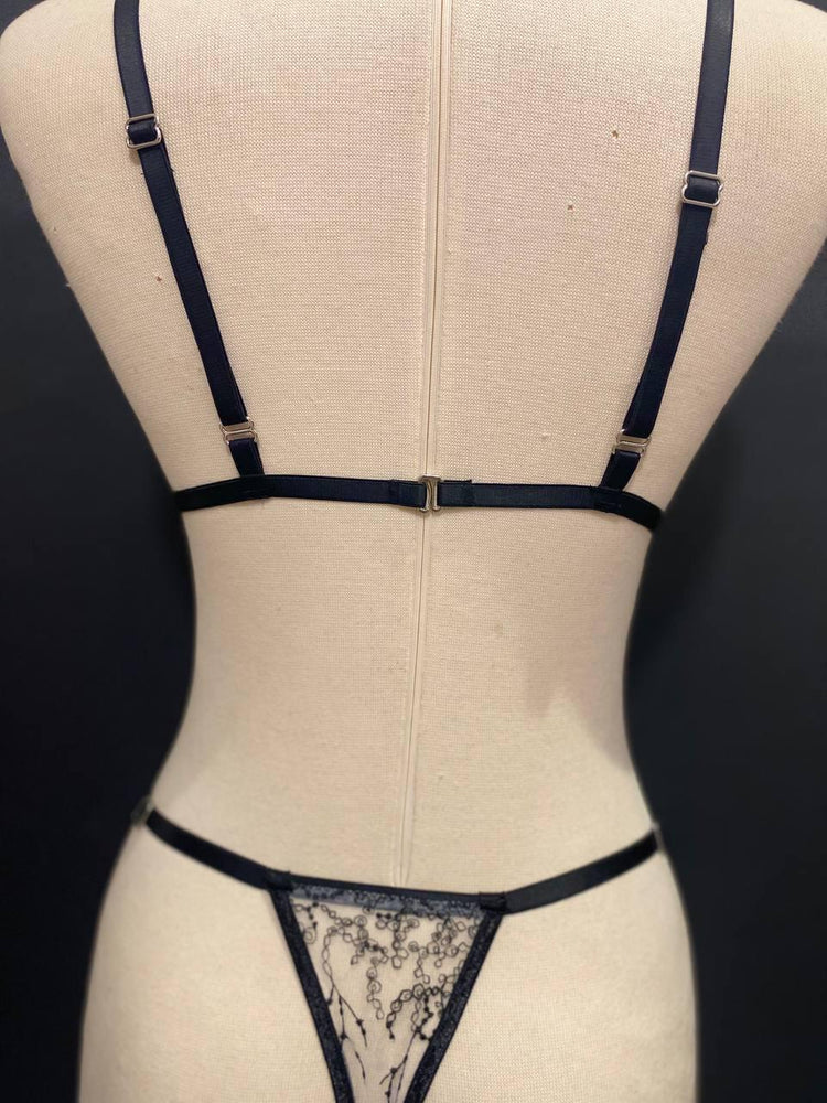 Handmade in Istanbul - Black Botanical Embroidery Lingerie Set, Sheer White Tattoo Lace Bralette Thong (Made to Order)