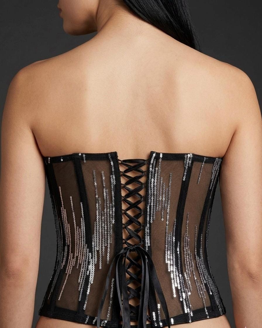 Black Sequin Sheer Corset Top, Strapless Sweetheart Bustier, Festival Lingerie