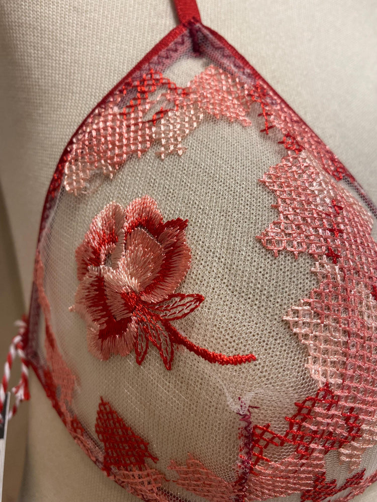 Red Sheer Lingerie Set, Embroidered Mesh Bralette, Bridal Lingerie Set