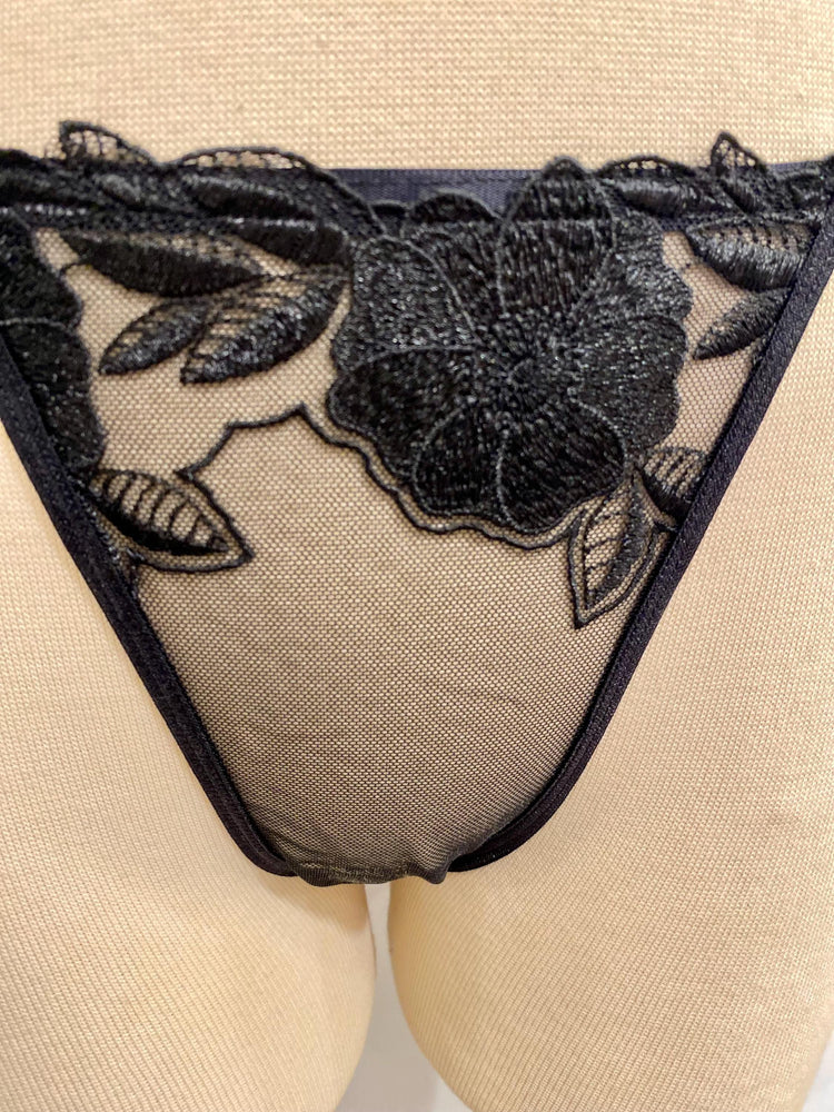 Handmade in Istanbul - Sheer Mesh Bra & Thong - Handmade Black Rose Embroidered Lingerie Set