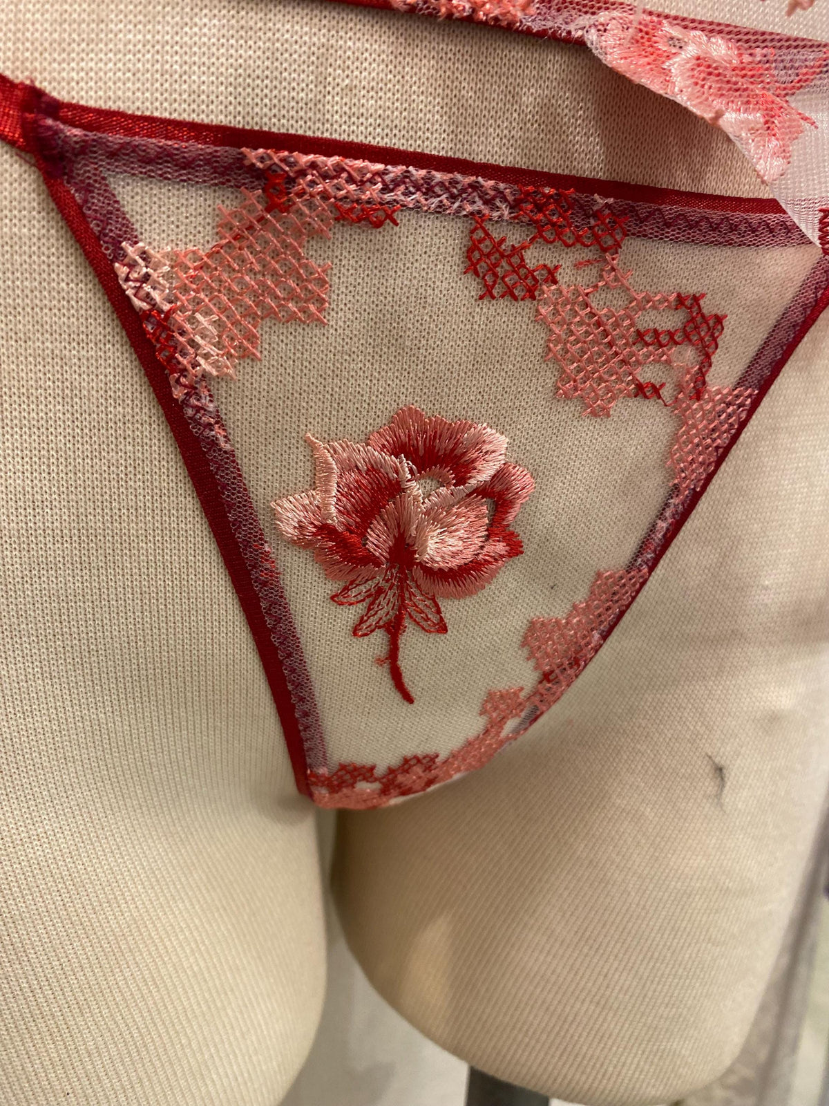 Red Sheer Lingerie Set, Embroidered Mesh Bralette, Bridal Lingerie Set