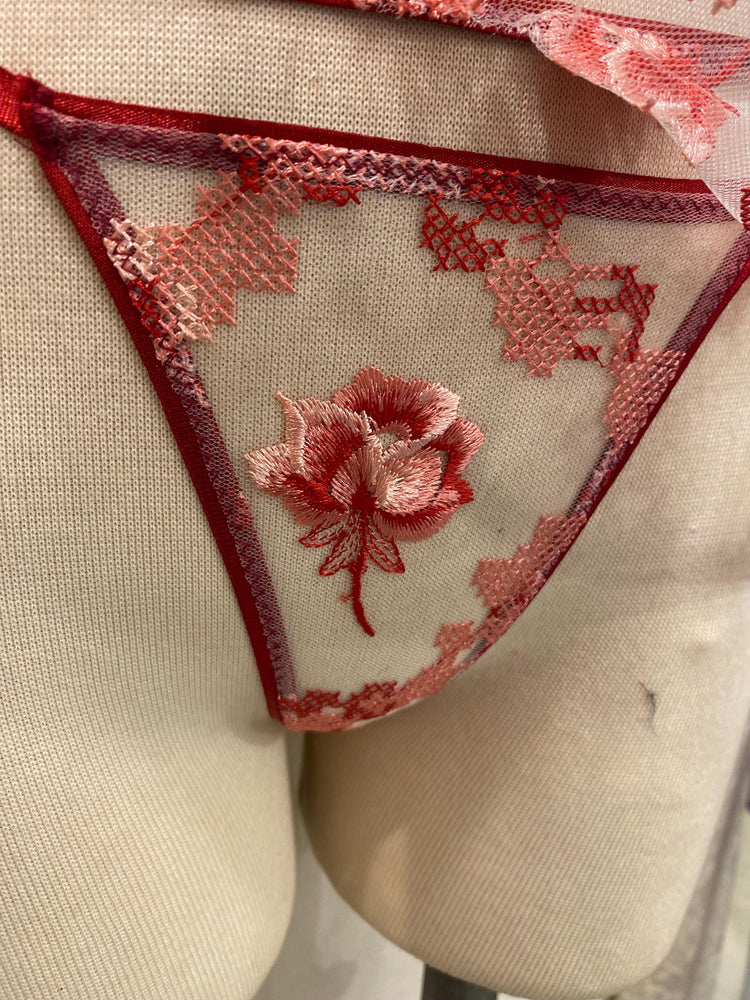 Red Sheer Lingerie Set, Embroidered Mesh Bralette, Bridal Lingerie Set
